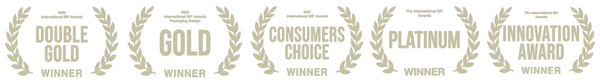 Collection of award badges including Double Gold, Gold, Consumers Choice, Platinum, and Innovation Award.